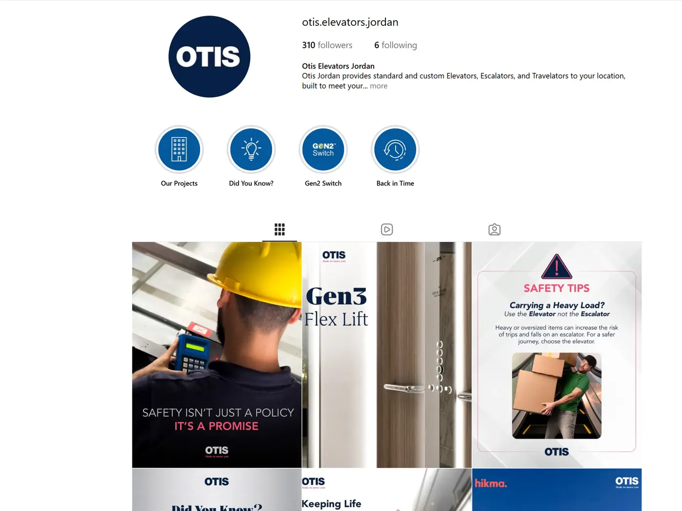 Public Instagram profile of Otis Elevators Jordan